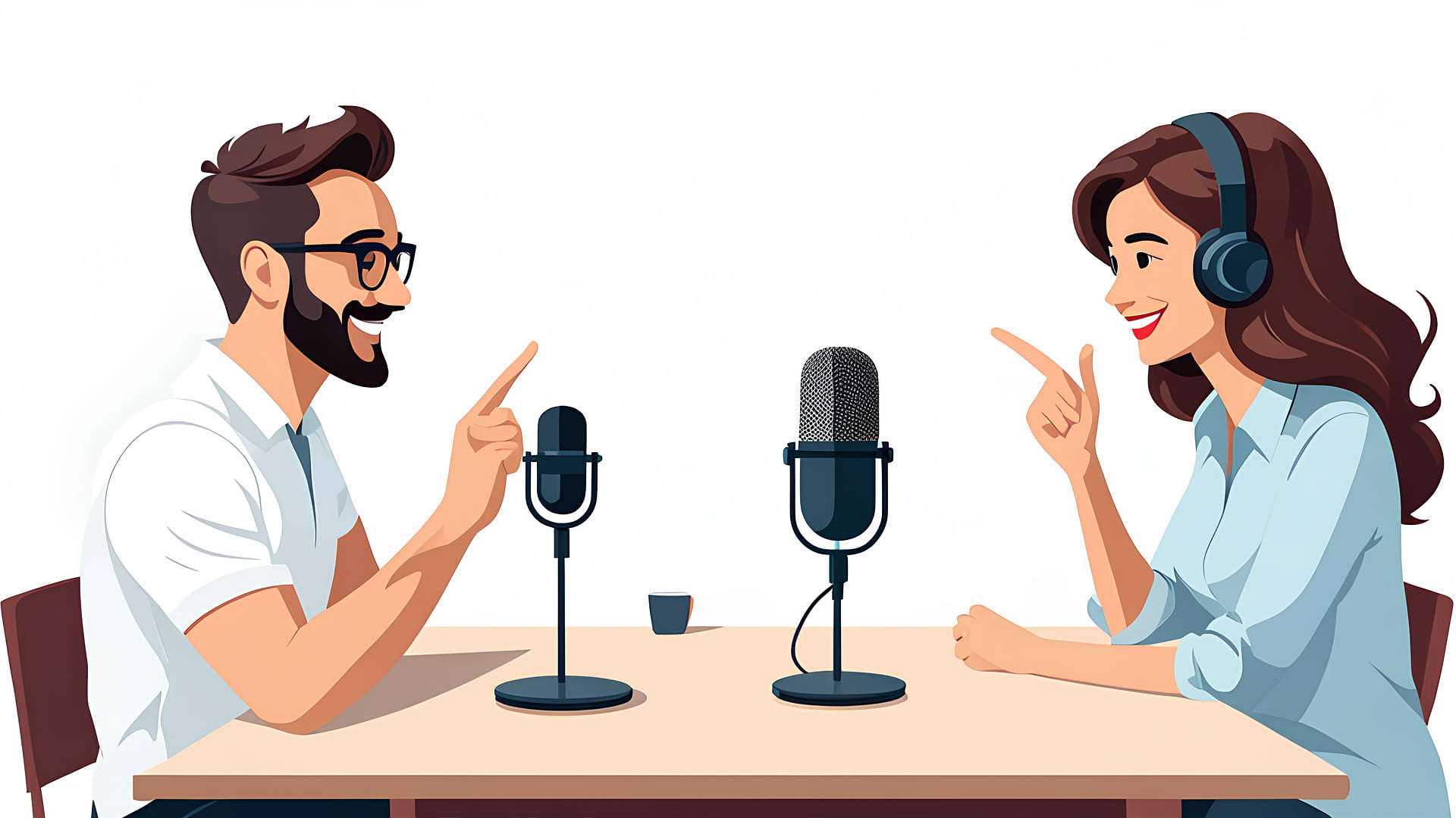 Two podcasters recording at microphones